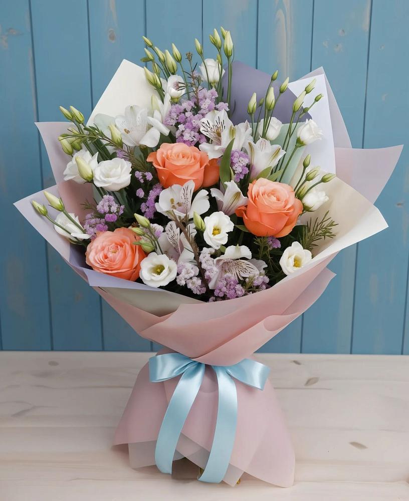 Букет цветов из: Лизиантусы, Розы, Альстромерии и Гипсофила в Вязовое